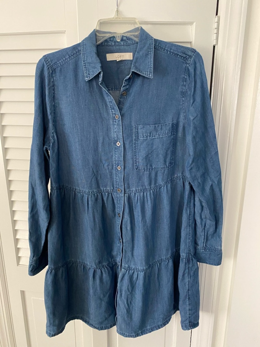 LOFT Denim Chambray Tiered Button-Front Tunic Dress - Soft Blue